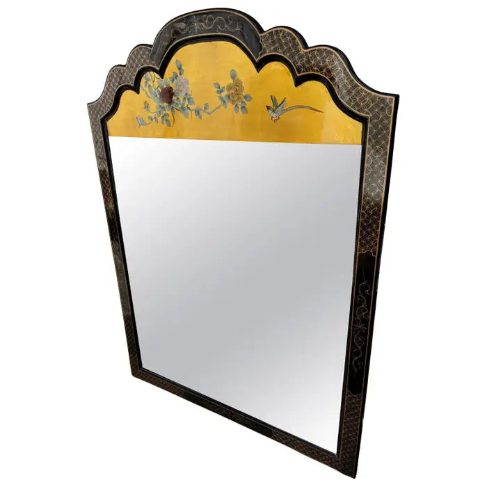 Black lacquer wall mirror with chinoiserie gold accent frame decor