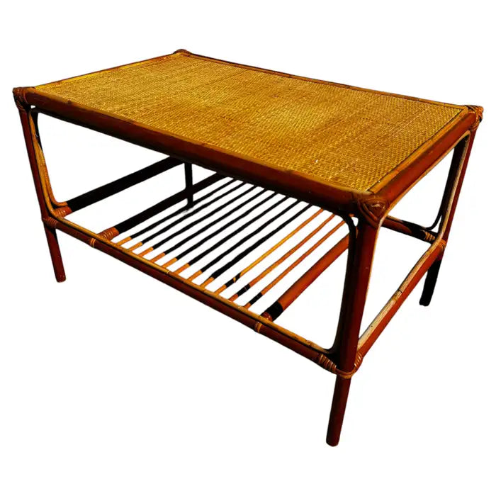 Boho rattan bamboo two tier coffee table with woven shelf