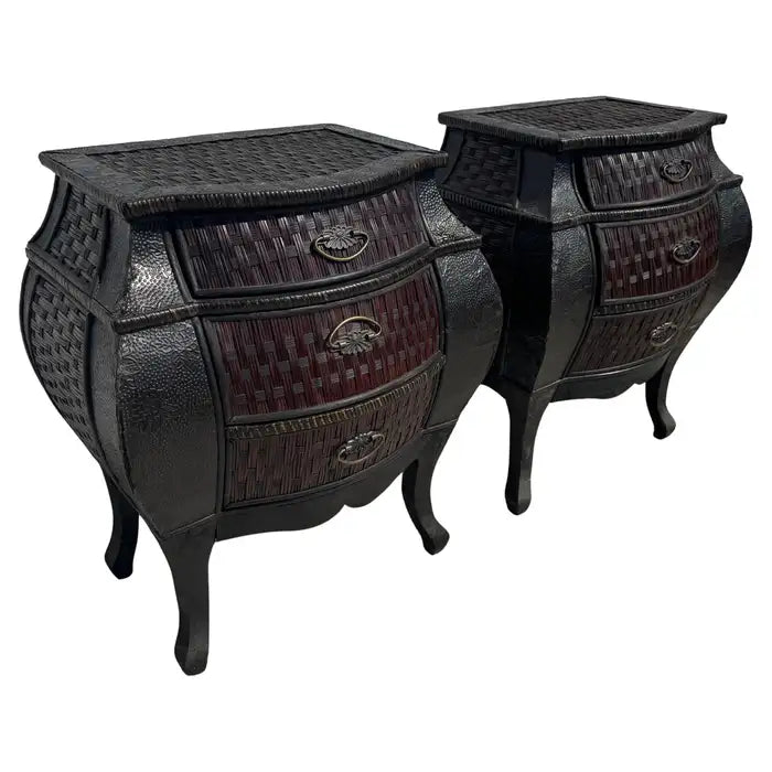 Boho rattan nightstands pair with bombe curved silhouette
