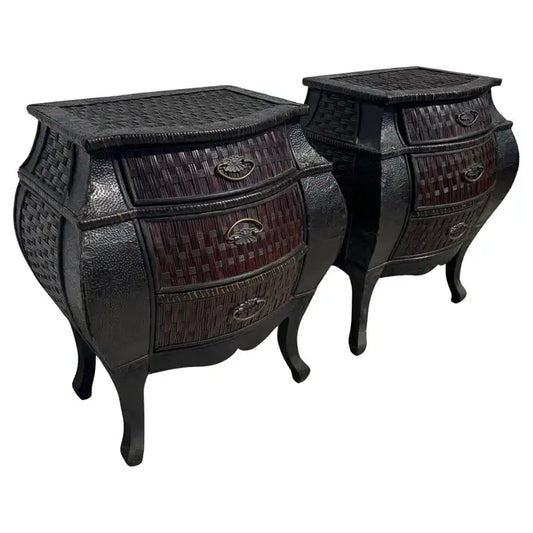 Boho rattan nightstands pair with bombe curved silhouette
