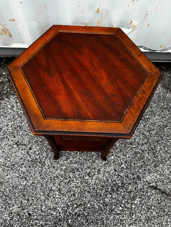 Boho chic walnut side table with cane shelf