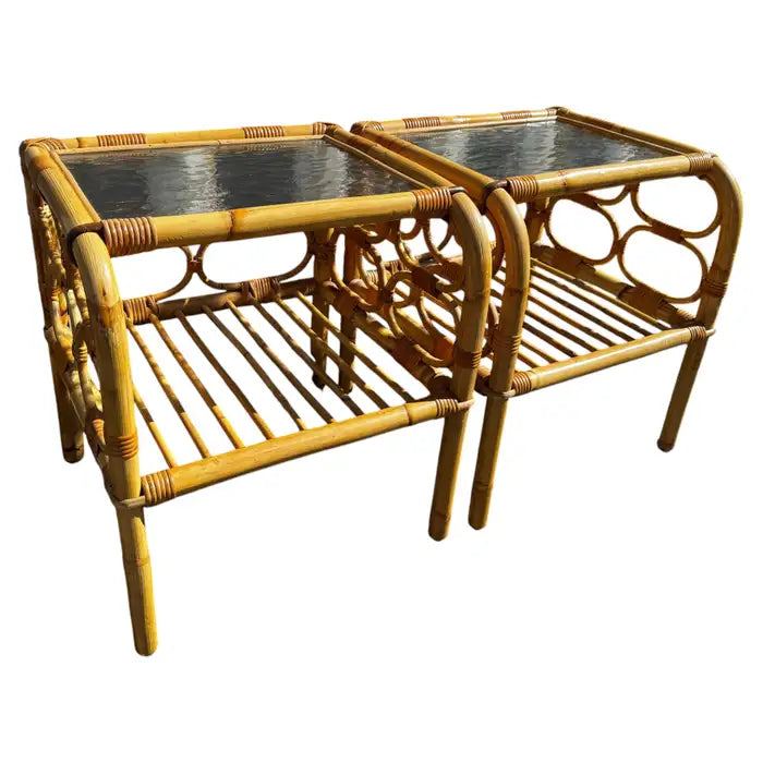 Vintage boho tiki bamboo two tier end tables