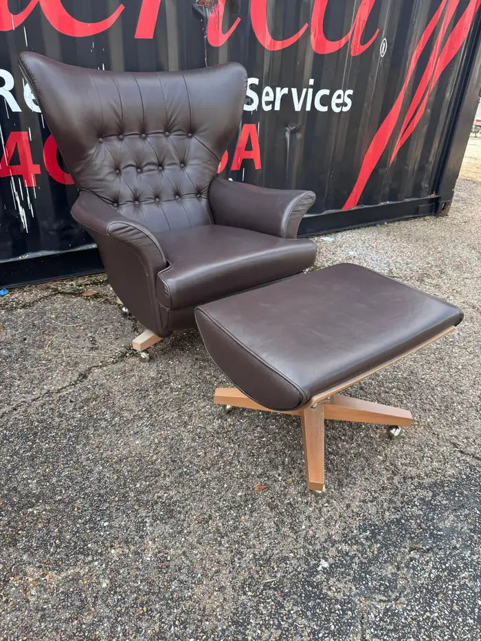 Vintage tufted leather armchair and footrest set