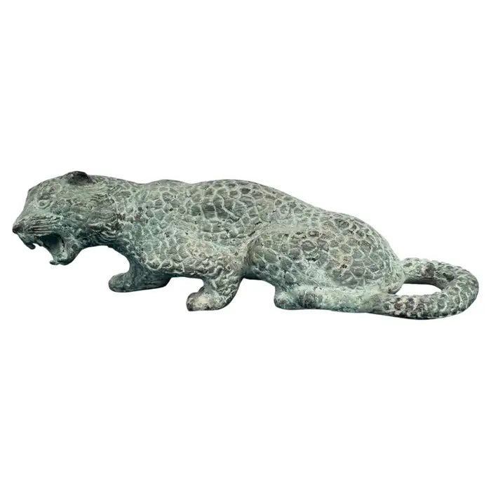 bronze leopard sculpture with detailed spots and patina finish