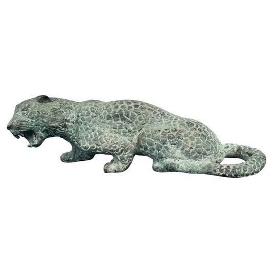 bronze leopard sculpture with detailed spots and patina finish