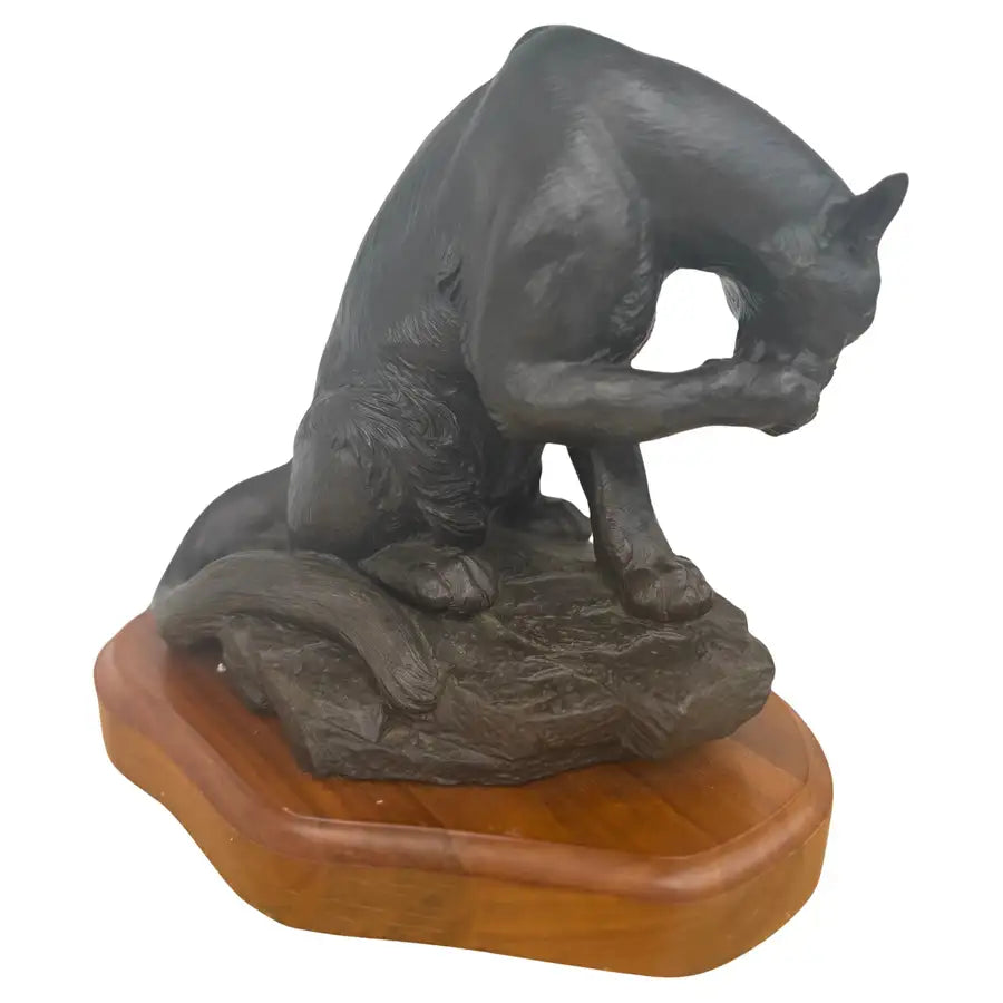 bronze mountain lion sculpture signed wildlife figurine on wood base