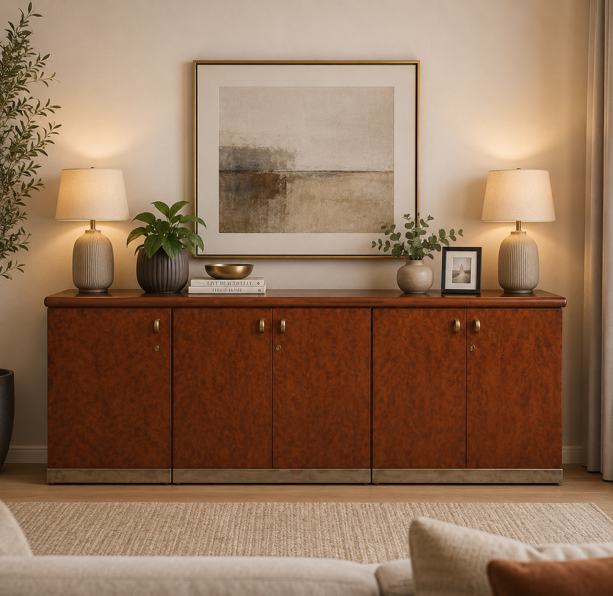 6ft Mid Century Brass and Burl Credenza Breakfront Credenza (MR8090)