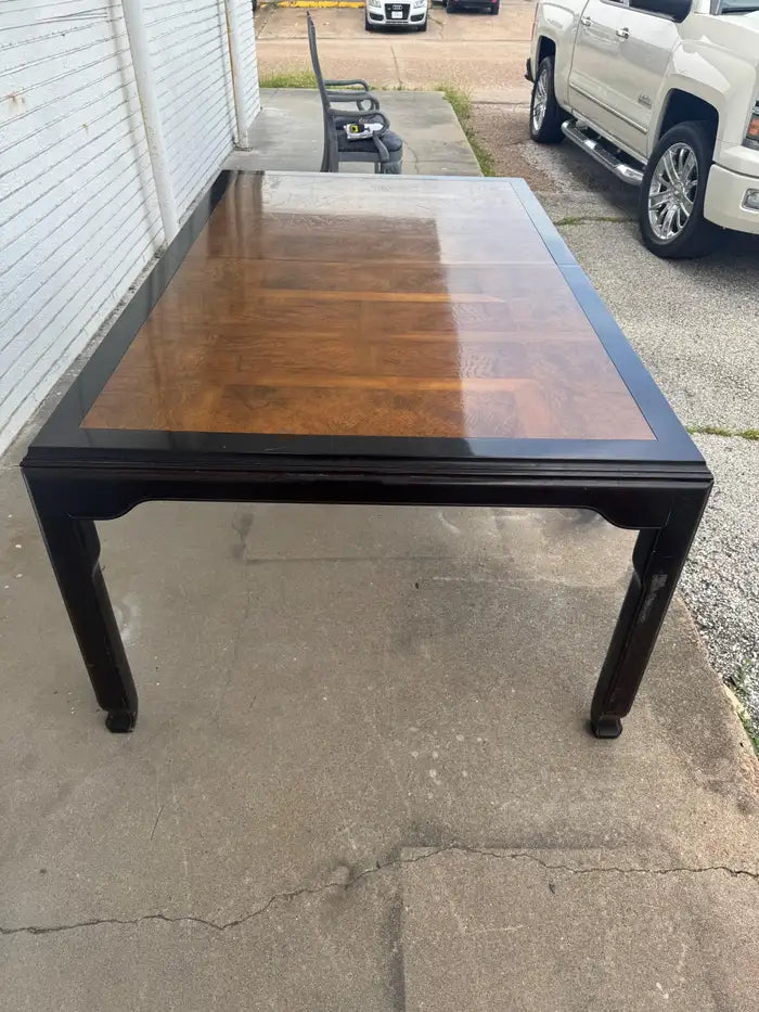 Burl wood dining table with sculptural base