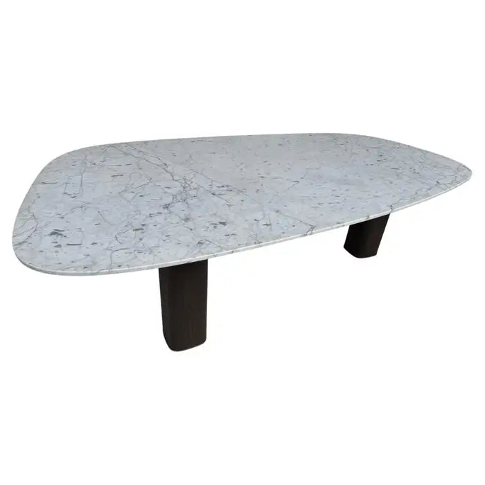 Walnut dining table displayed on marble floor