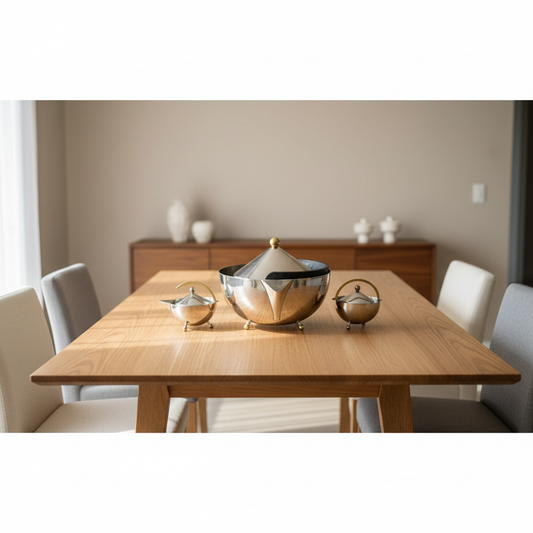 Vintage Bodum stainless steel ball teapot with black arch handle and brass finial on white surface for modern home décor.