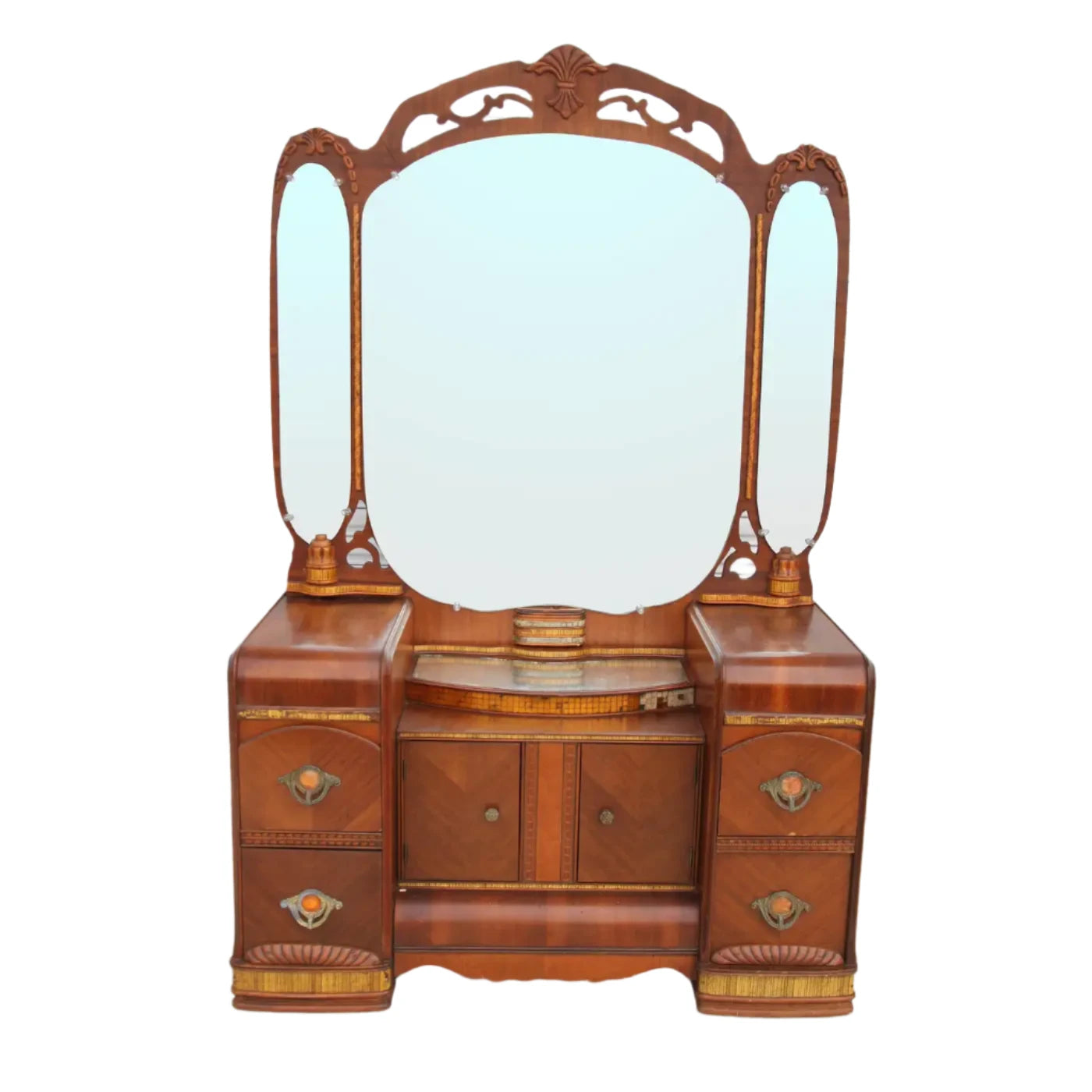 Vintage waterfall dressing table carved wood and mirrors