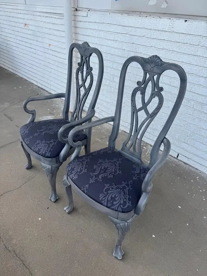 Queen Anne style vintage dining armchairs in gray finish