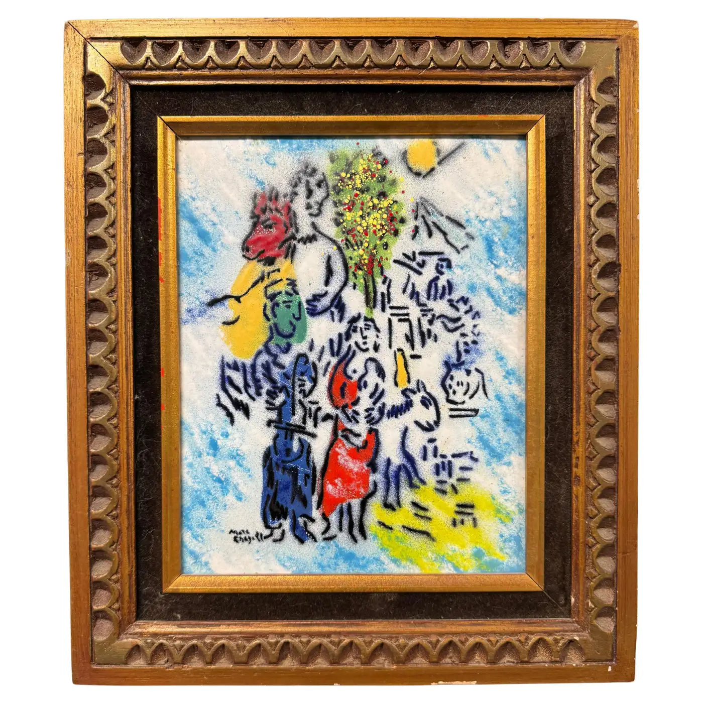 Artistic enamel plate showing Marc Chagall’s signature bold outlines
