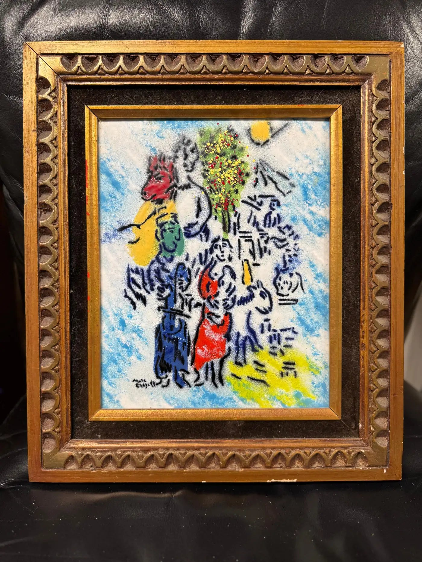 Posthumous Chagall artwork blue background, expressive line art