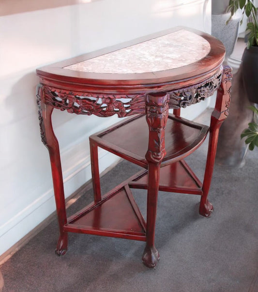 Chin Hua carved demilune marble console table