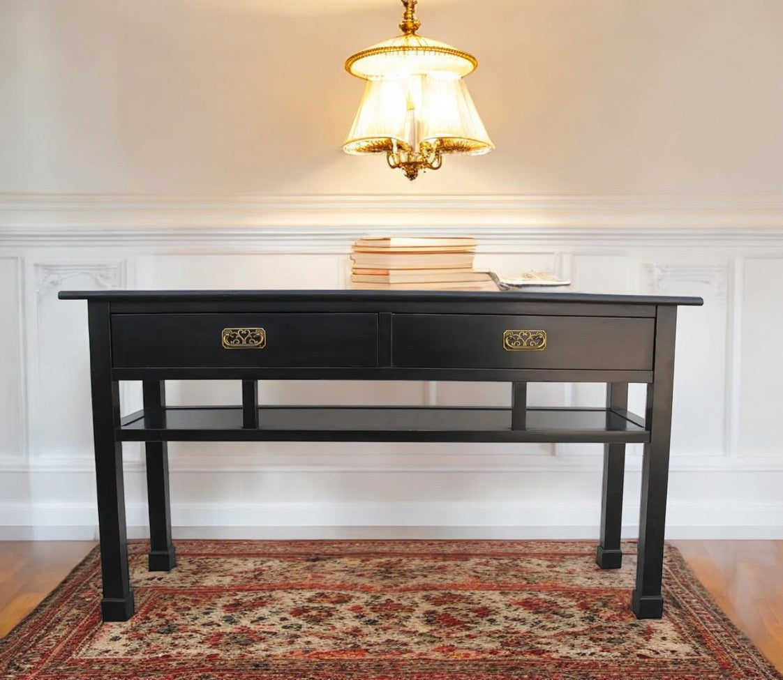 Chin Hua Baker style ebonized console table with brass hardware