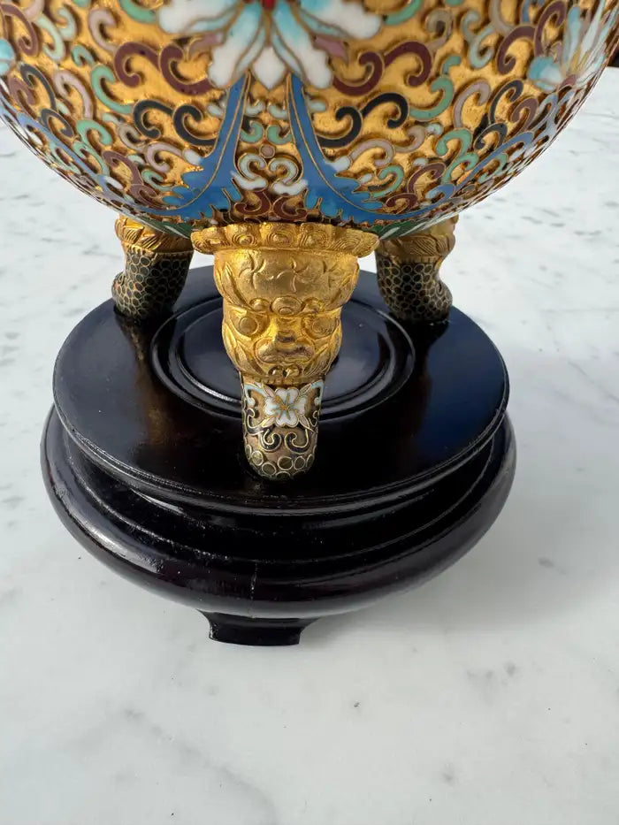 Chinese guardian lion cloisonné censer on wood stand