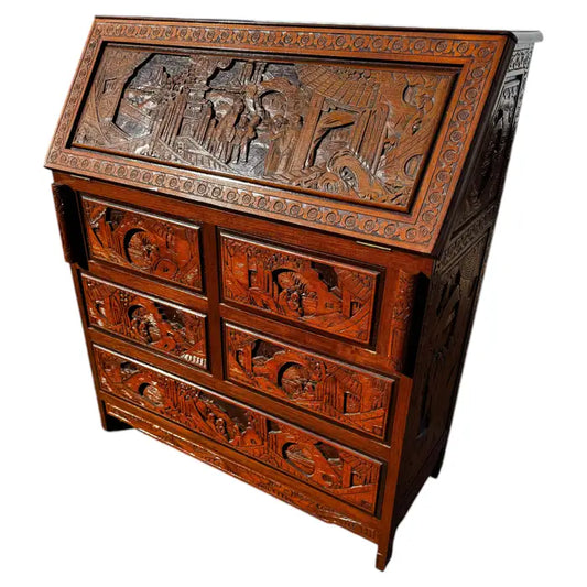 Vintage Asian carved drop front secretary desk