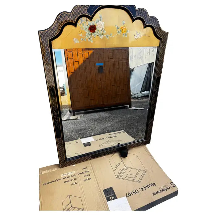 Vintage chinoiserie mirror black lacquer ornate gold detailing