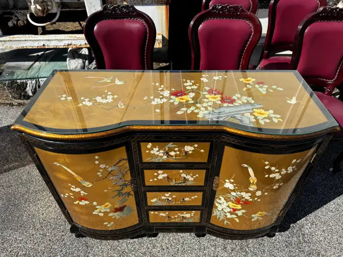 Vintage chinoiserie cabinet black finish gold accent artwork
