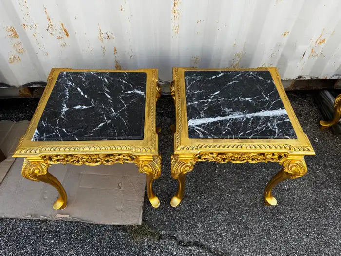 Classic marble top end tables ornate wood base vintage furniture