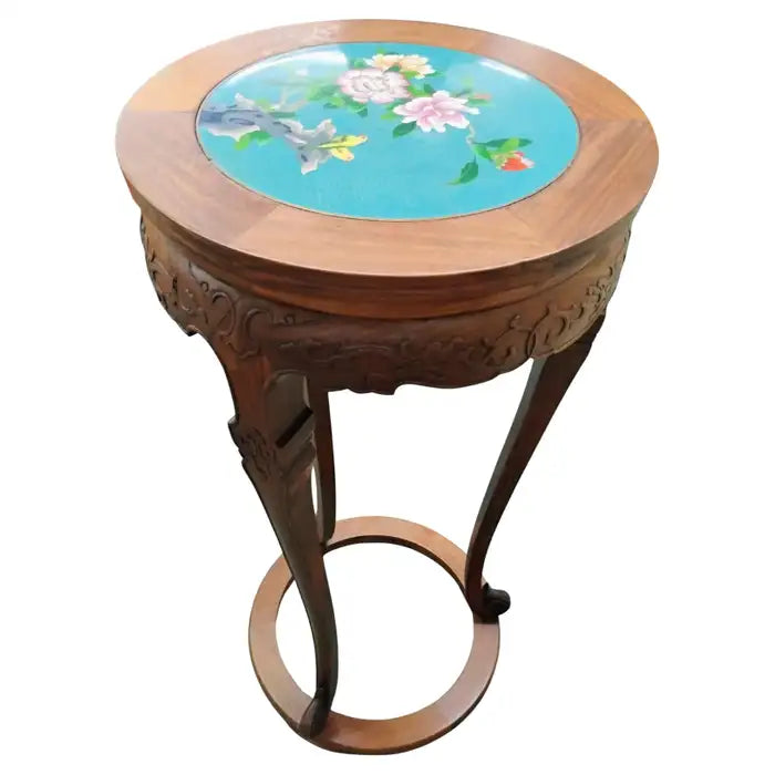 Cloisonne top rosewood pedestal table