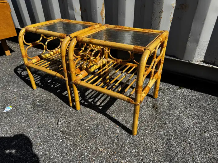 Coastal style rattan and bamboo side tables pair