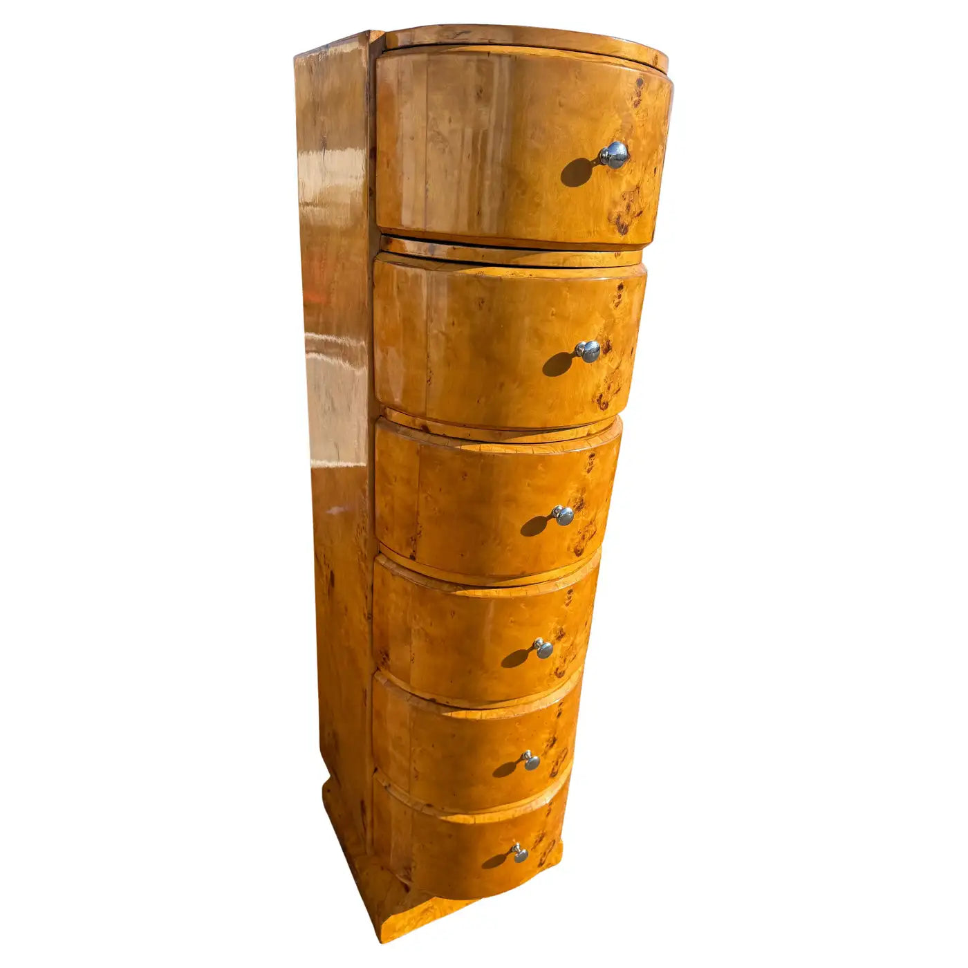 Collectible vintage-inspired burl wood chest with six drawers for living room storage.​