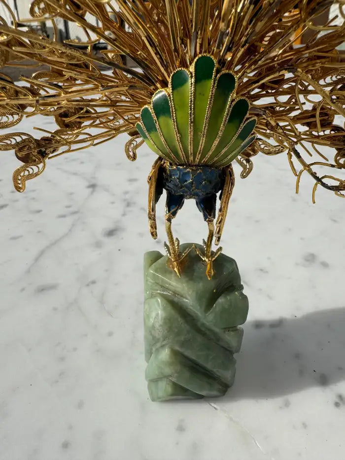 Gilt filigree peacock enamel sculpture display