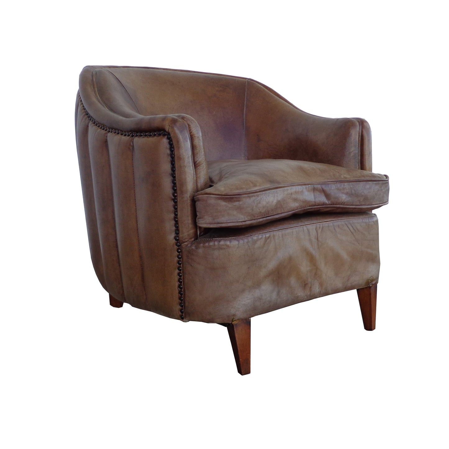 Compact brown leather barrel armchair
