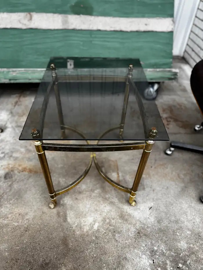 Glass top brass end table sculptural style