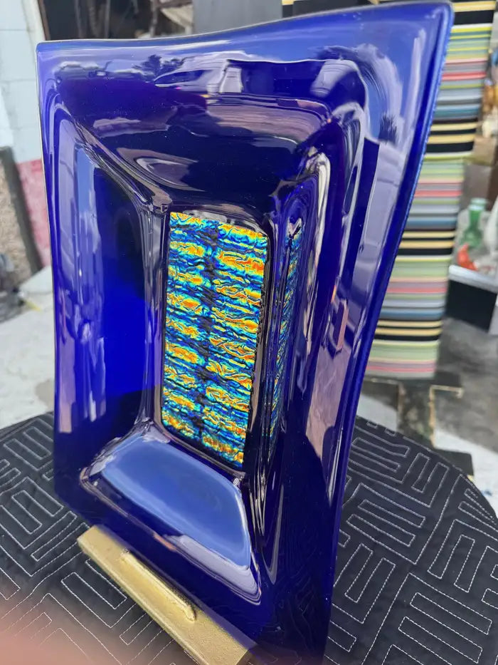 Contemporary collectible art glass sculpture with geometric design