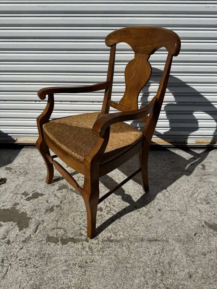 farmhouse style wood armchair natural fiber seat