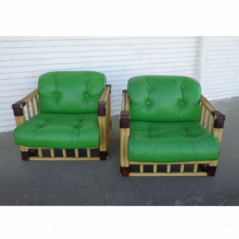 Ficks Reed Tufted Green Rattan Lounge Chairs