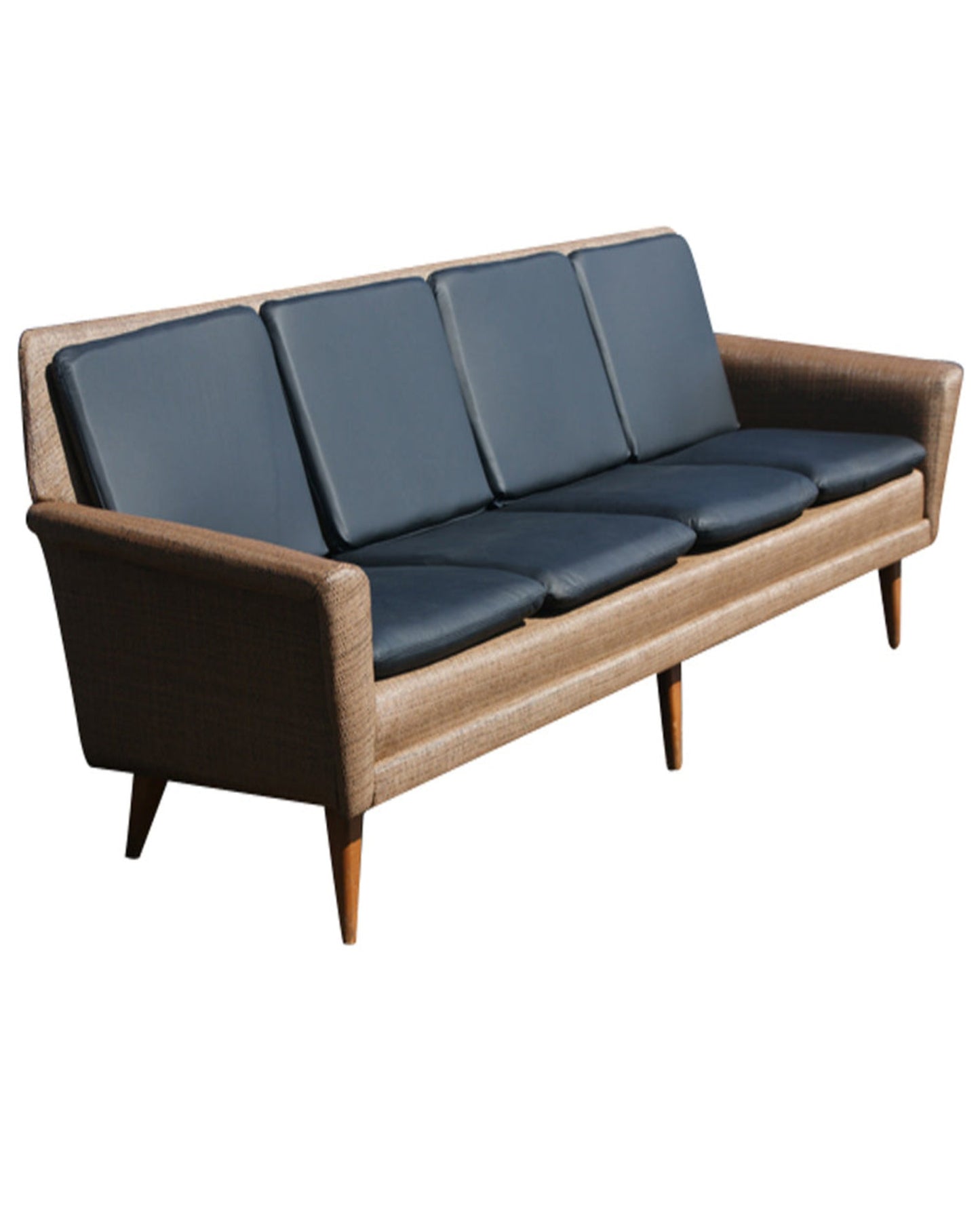 Restored Danish modern Dux leather sofa 4-seat teak base