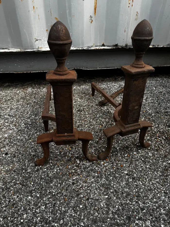 Traditional hearth andirons with sculpted acorn finials