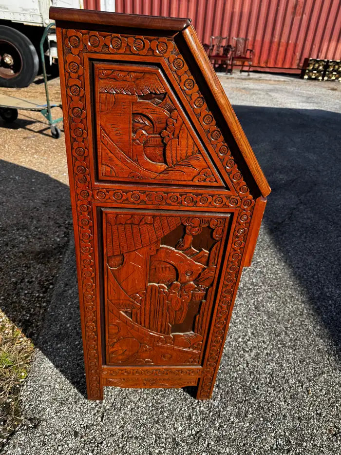Vintage chinoiserie secretary chest with ornate panels