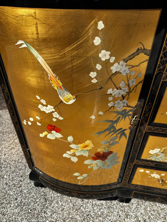 Asian inspired cabinet gold painted scenes black wood furniture