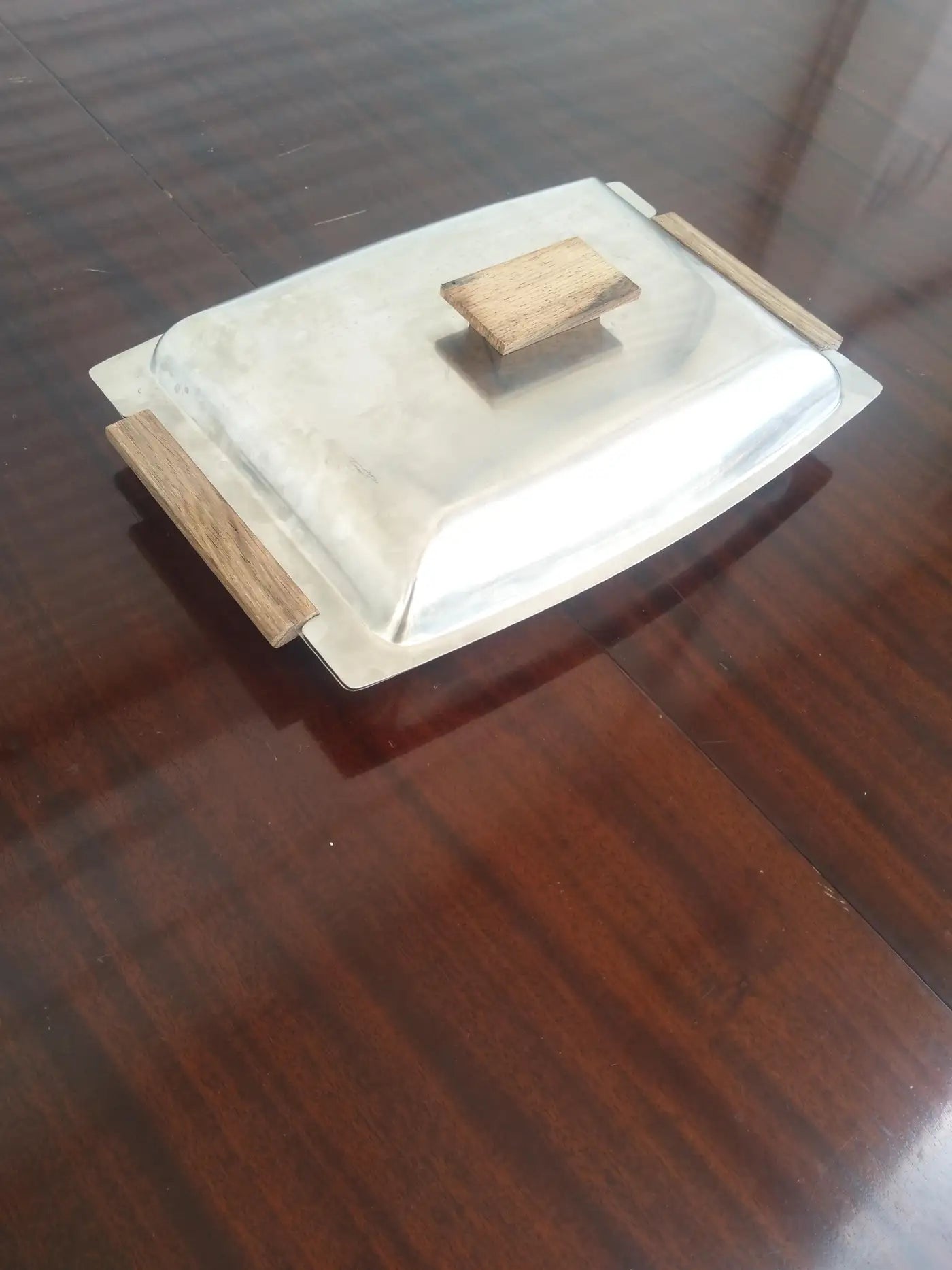 Modernist serving tray with teak wood handles and knob