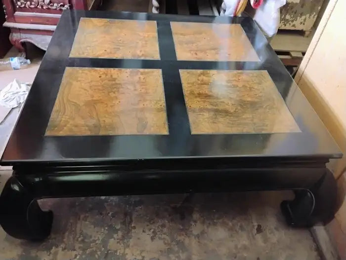 Burl veneer brass accent center table