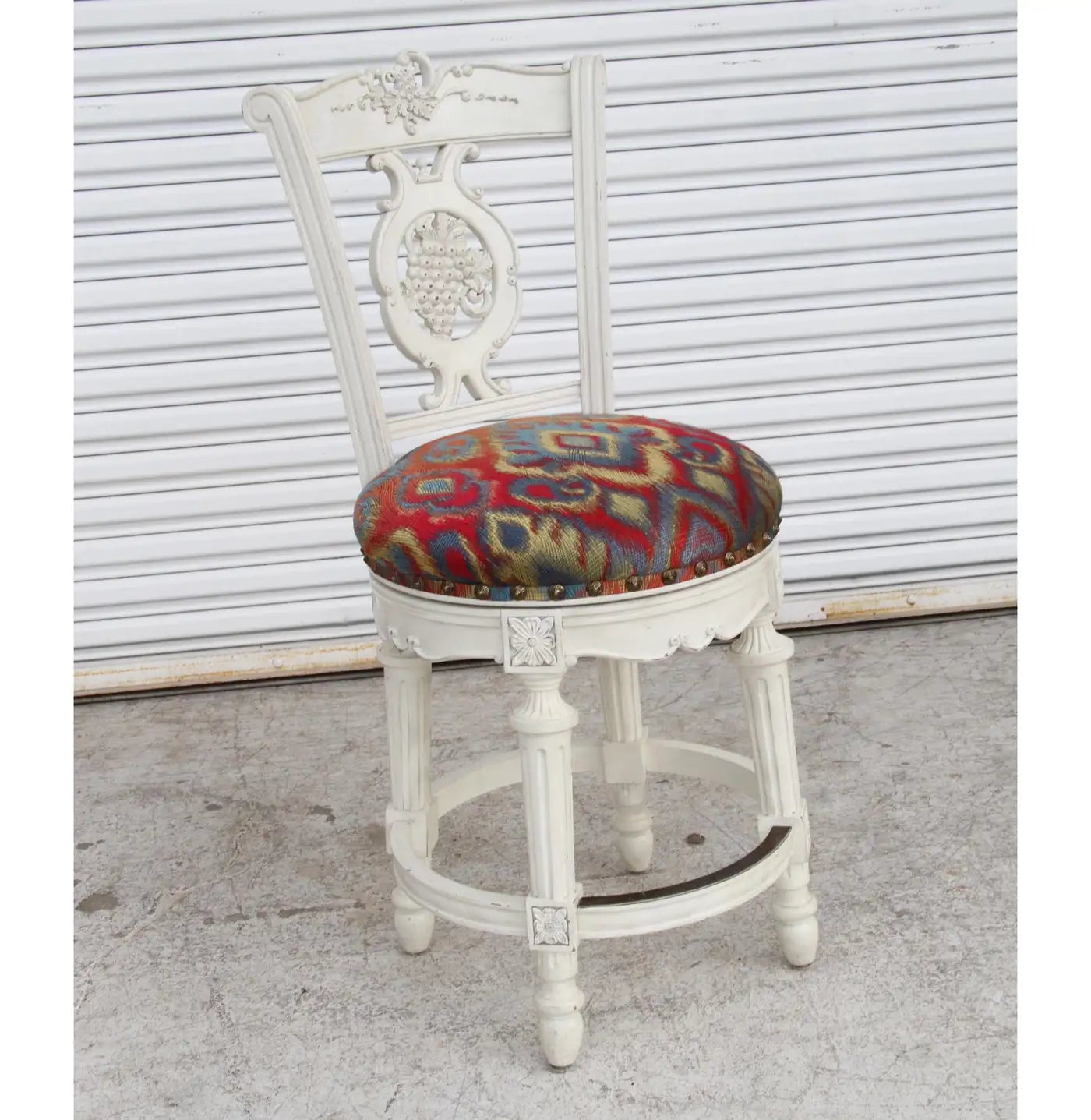 Provincial style counter stools with patterned upholstery