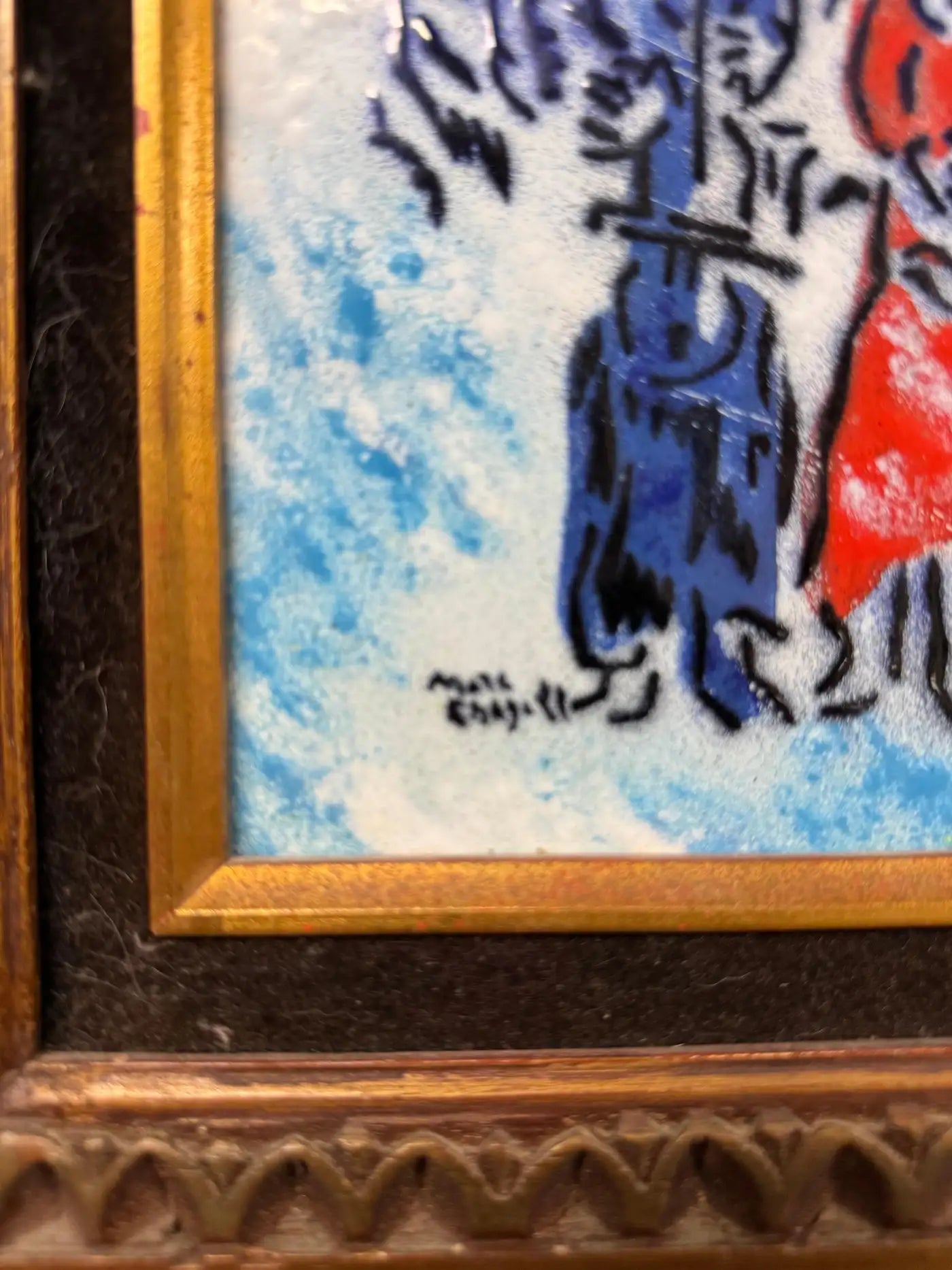 Vintage enamel on copper artwork in ornate wooden frame by Marc Chagall