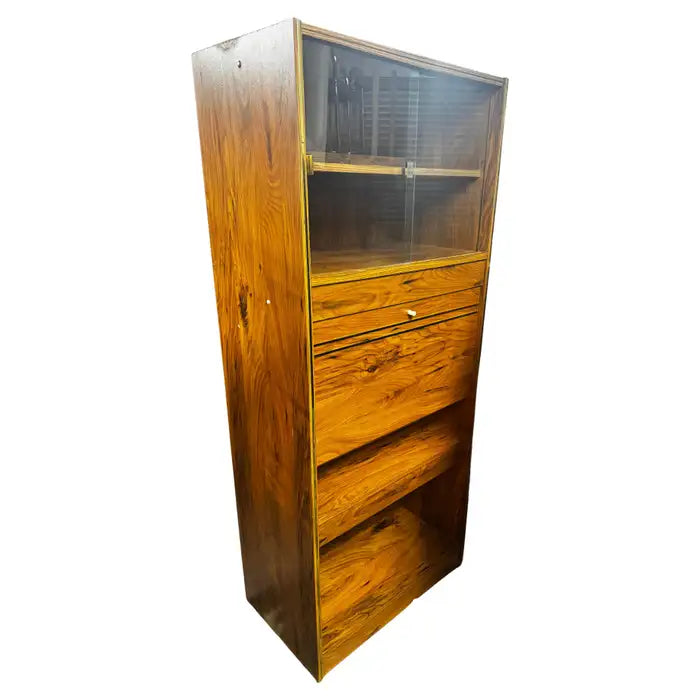 Modern walnut bar and bookcase with lighting
