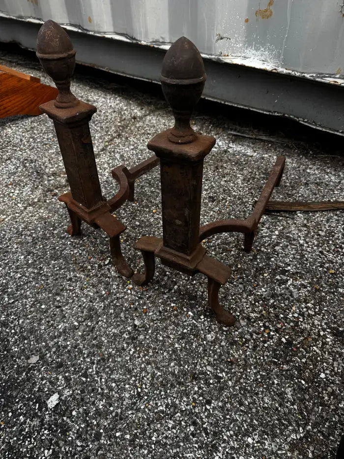 Early 20th century iron fire dogs for traditional hearth décor