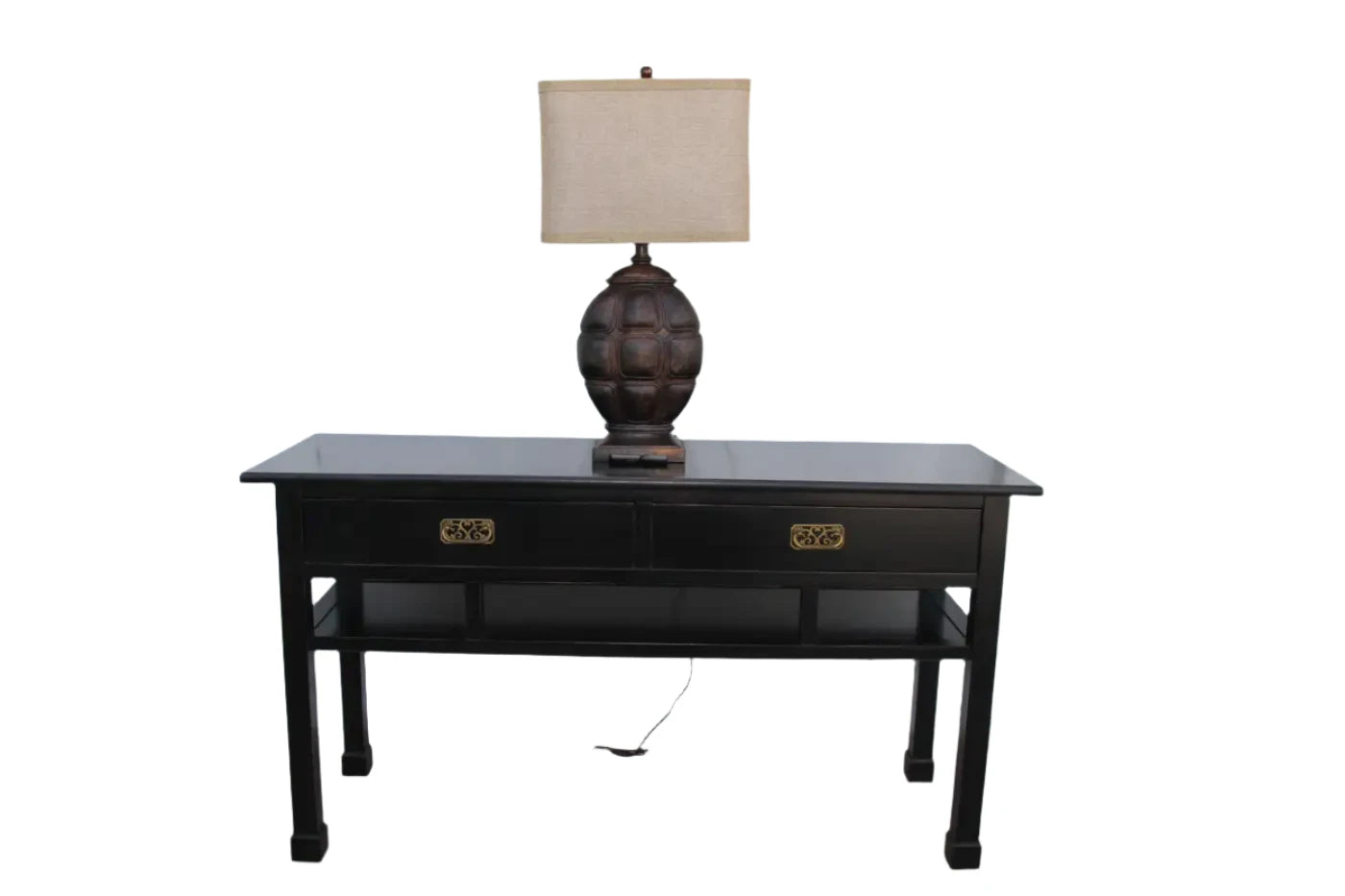 Asian inspired black lacquer console table with Ming feet