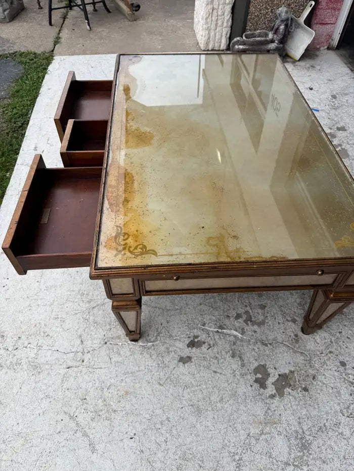 Handcrafted wooden coffee table with clear glass top