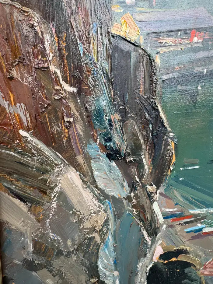 Coastal Italy painting ocean view with architecture