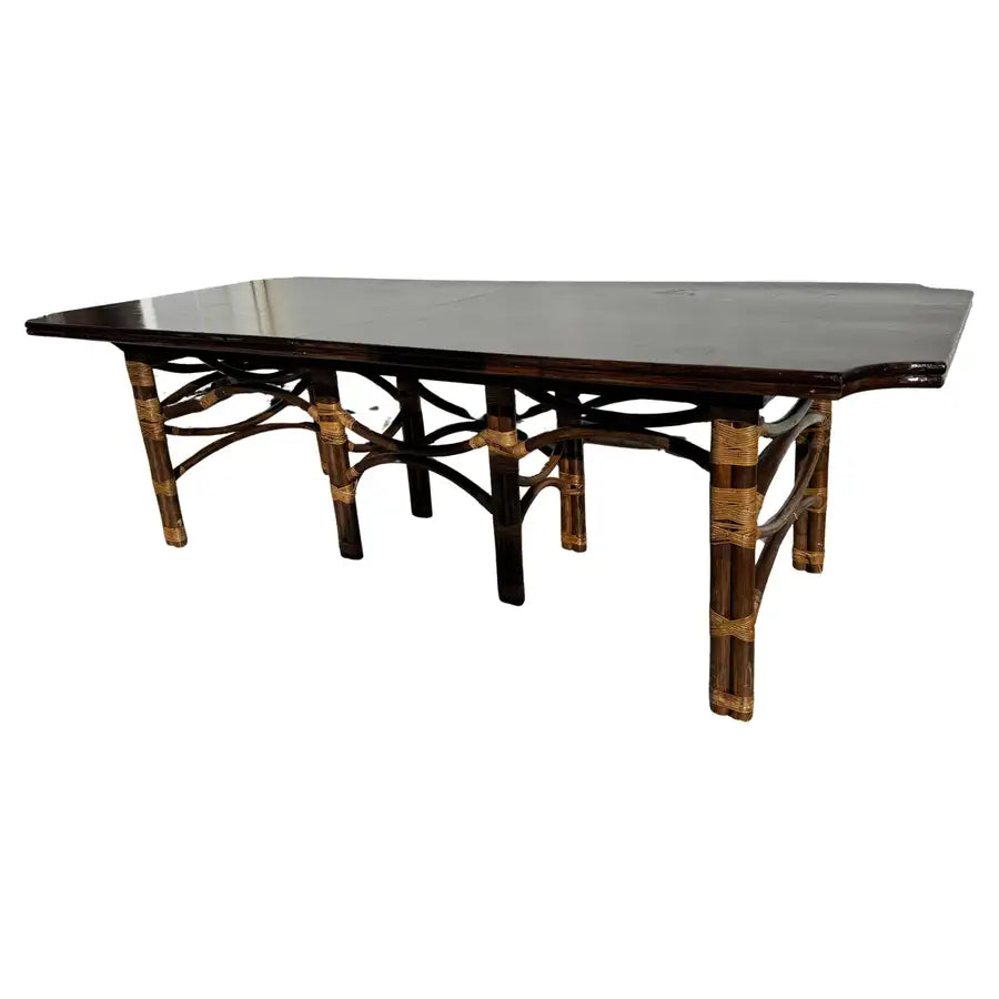 Mid century modern bamboo teak dining table with butterfly leaf extension