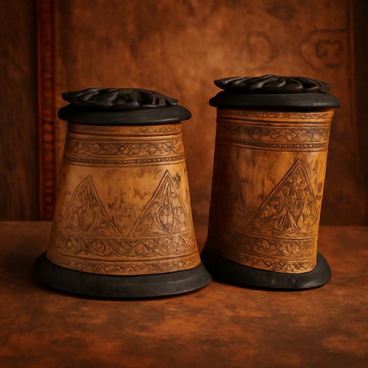 Artisan hand-carved bone container with intricate tribal patterns and black lid for decorative storage