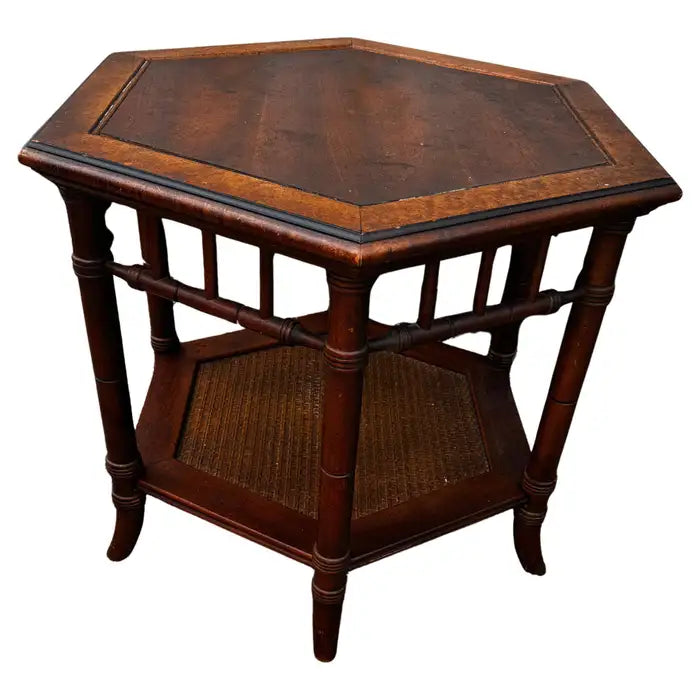 Faux bamboo side table with woven cane storage